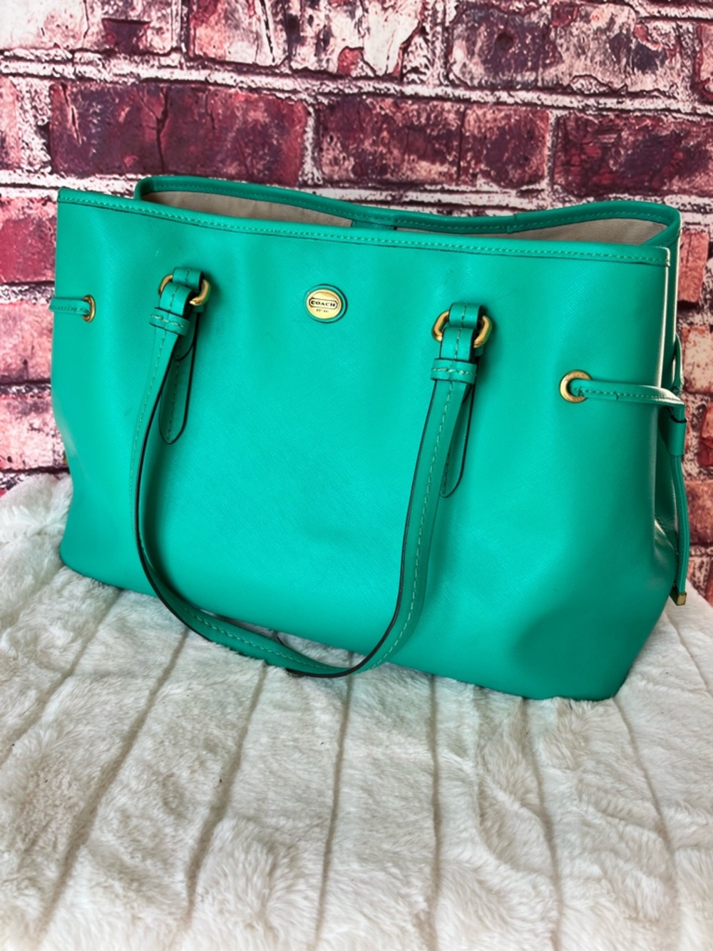 Coach Turquoise Green Leather Tote with Gold Hardware